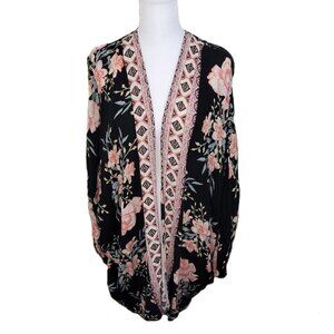 Billabong Floral Kimono Black Pink Floral Open Front Cardigan Women's S/M